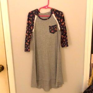 Blue and gray dress with flowers and hood.